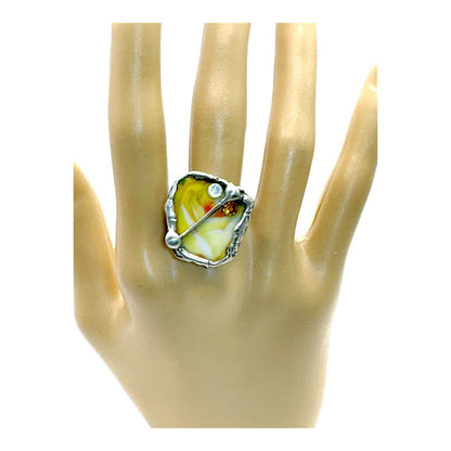 Antique Bavaria Yellow Rose Broken China Ring in Silver-Blend Boho Metalwork