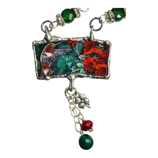 Lena Liu Hummingbird Pendant W/ Silver-Blend Metalwork & Green Quartz Necklace