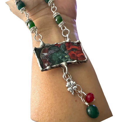 Lena Liu Hummingbird Pendant W/ Silver-Blend Metalwork & Green Quartz Necklace