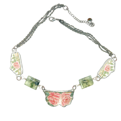 Hand Crafted Broken China Pendant  Antique Roses with  Prenhite Stones Necklace