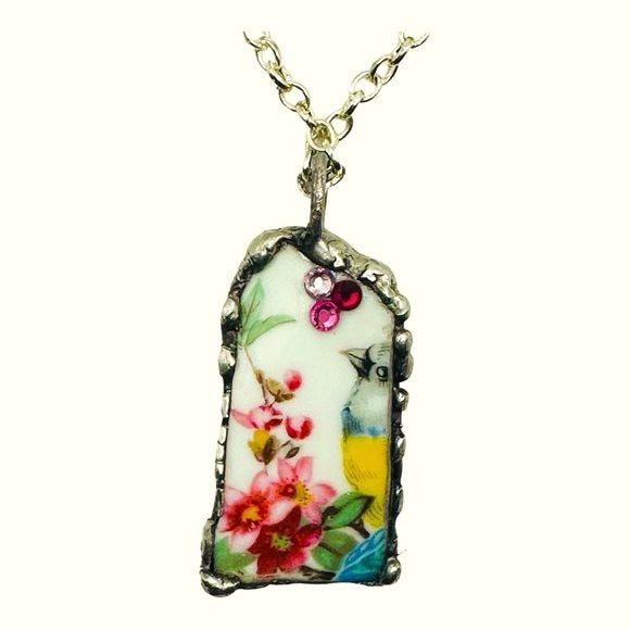 Broken China Pendant Gouldian Finch, Swarovski Crystals With Hand Solder