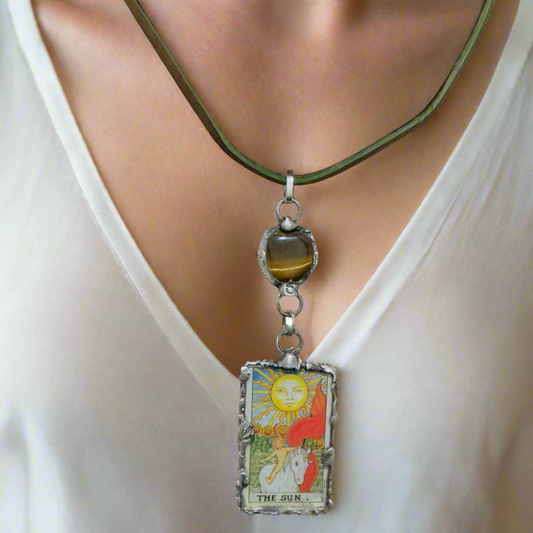 Tarot Card Mixed Media & Artisan Metalwork Tiger Eye Pendant Leather Necklace