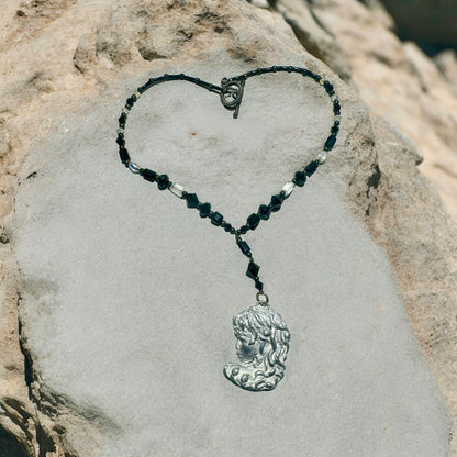 Art Nuveau Clay Lady Pendant with Artisan Crystal Beaded Necklace