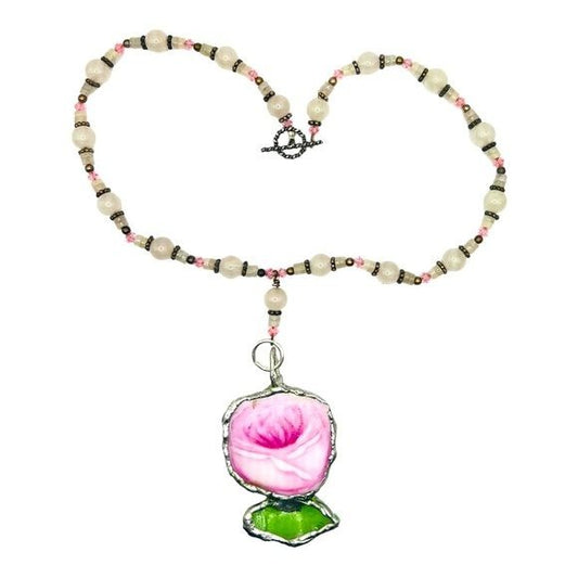 Broken China & Sea Glass Rose Pendant and a Pink Quartz Vintage Necklace