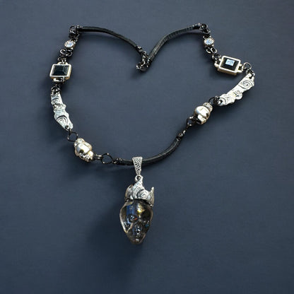 Crystal Skull Pendant w MCM Black Onyx & Intricate Silver Blend Metalwork