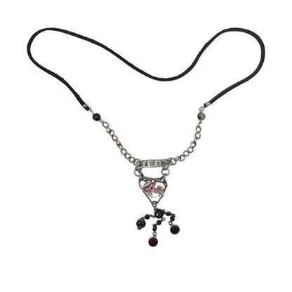 Broken China Heart Pendant W/ VNTG Garnet Tassel, Artisan Metalwork & Leather