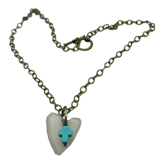 Concave Sea Glass Heart Pendant with Turquoise Cross Charm Artisan Crafted