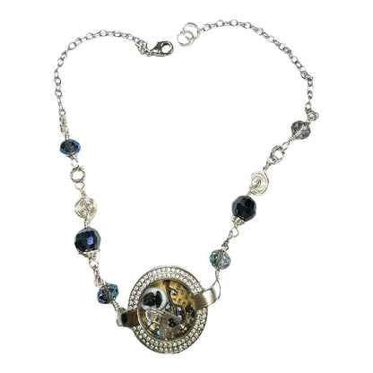 Floating Memory Pendant Reworked Watch Shell, Cameo & Swarovski Crystal Necklace