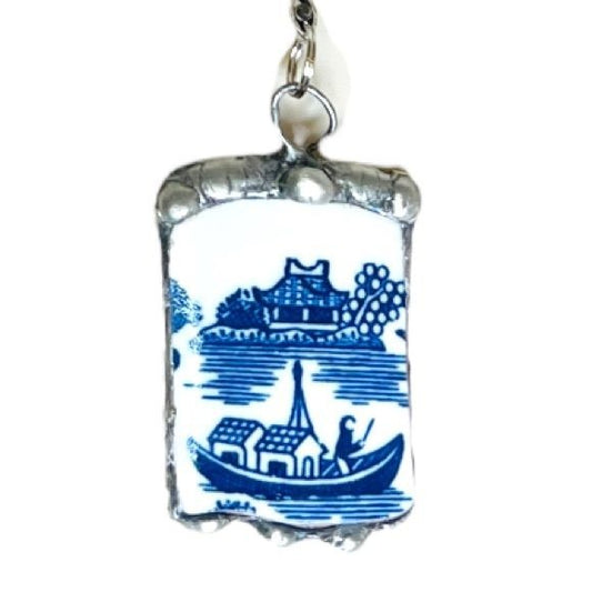 Broken China Asian Scene Pendant with a Vintage Marcasite Necklace