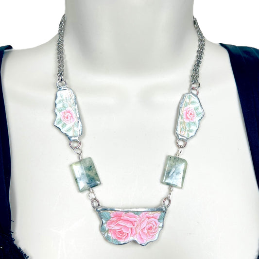 Hand Crafted Broken China Pendant  Antique Roses with  Prenhite Stones Necklace