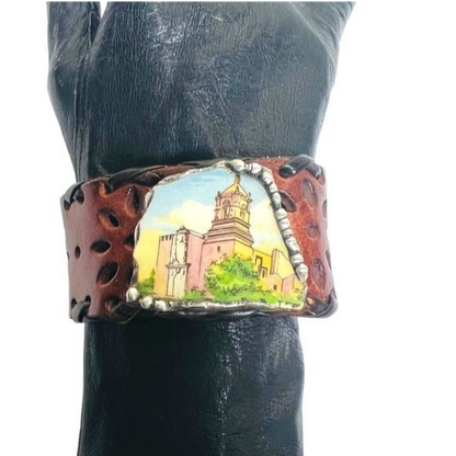 San Antonio Broken China Cuff Bracelet with Vintage Artisan Leather
