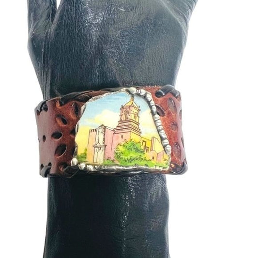 San Antonio Broken China Cuff Bracelet with Vintage Artisan Leather
