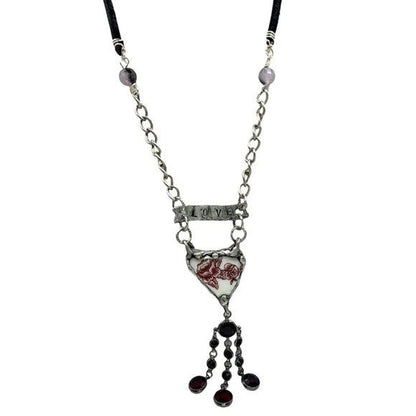 Broken China Heart Pendant W/ VNTG Garnet Tassel, Artisan Metalwork & Leather