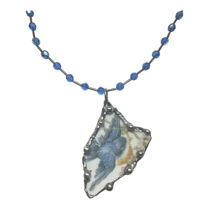 Blue Bird Broken China Pendant Silver Blend Metalwork Vintage Crystal Necklace