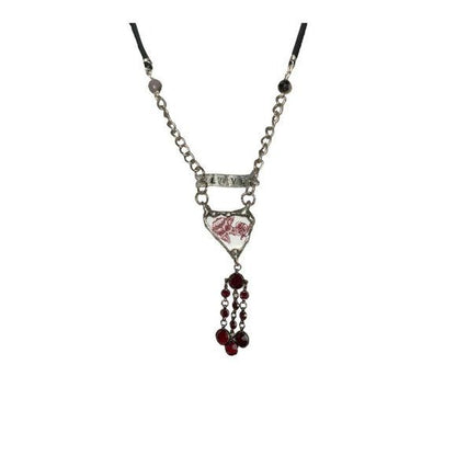 Broken China Heart Pendant W/ VNTG Garnet Tassel, Artisan Metalwork & Leather