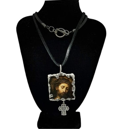 Tiny Glass Canvas Pendant of Suffering Christ & Vintage Religious 4 Silver Charm