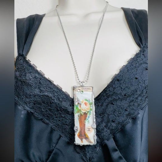 Tiny Glass Pendant Granny Bootie Mixed Media 3D Eiffel Tower & Swarovski Crystals