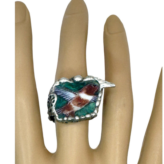 Lena Liu Hummingbird Broken China Ring Brutalist Cocktail Ring 6.5