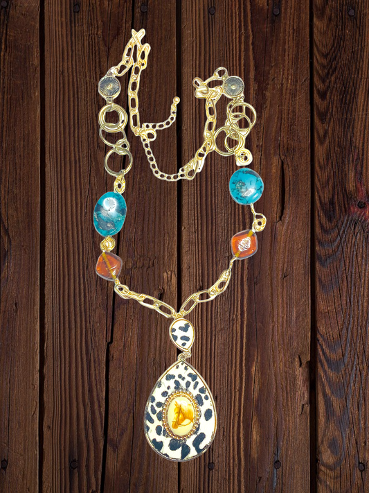 Upcycled VNTG Horse Brooch and Hyde Pendant w/ Wire Wrapped Amber & Turquoise Necklace