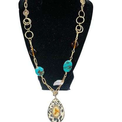 Upcycled VNTG Horse Brooch and Hyde Pendant w/ Wire Wrapped Amber & Turquoise Necklace