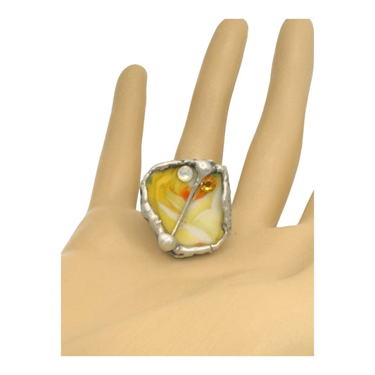 Antique Bavaria Yellow Rose Broken China Ring in Silver-Blend Boho Metalwork