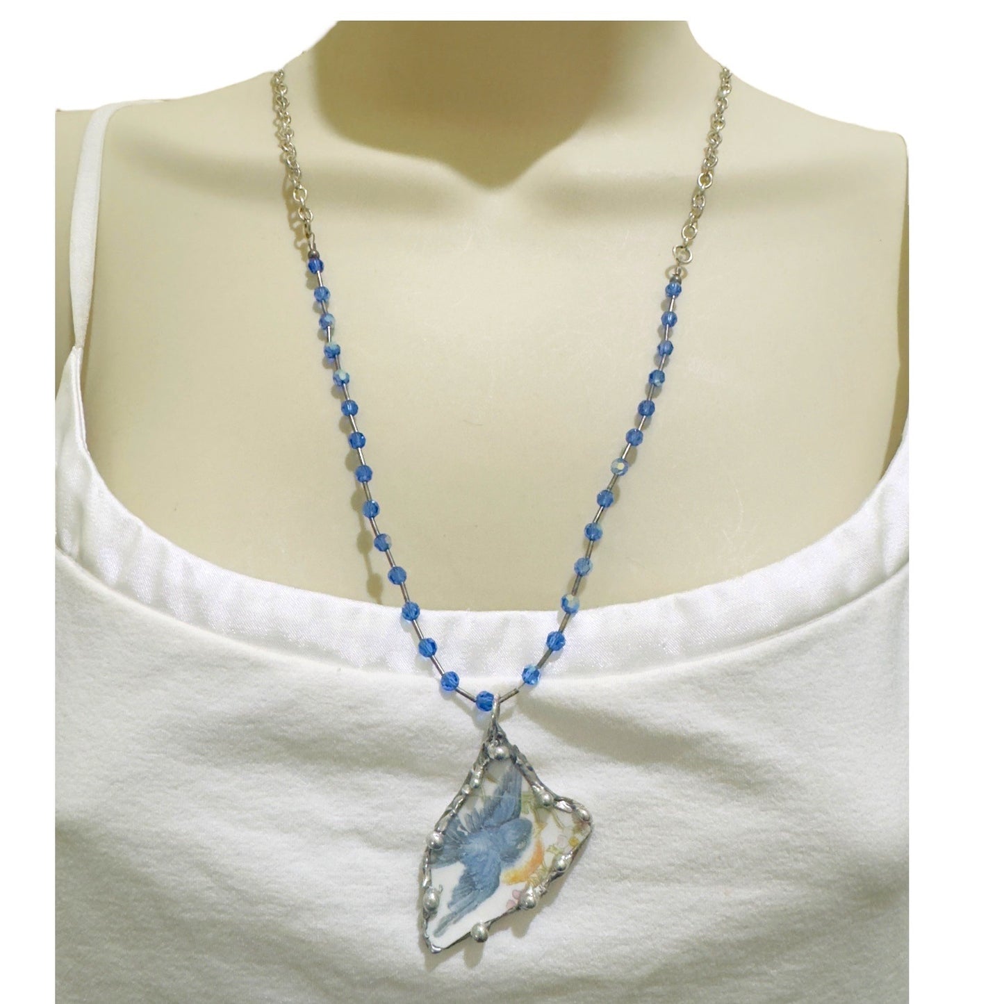 Blue Bird Broken China Pendant Silver Blend Metalwork Vintage Crystal Necklace