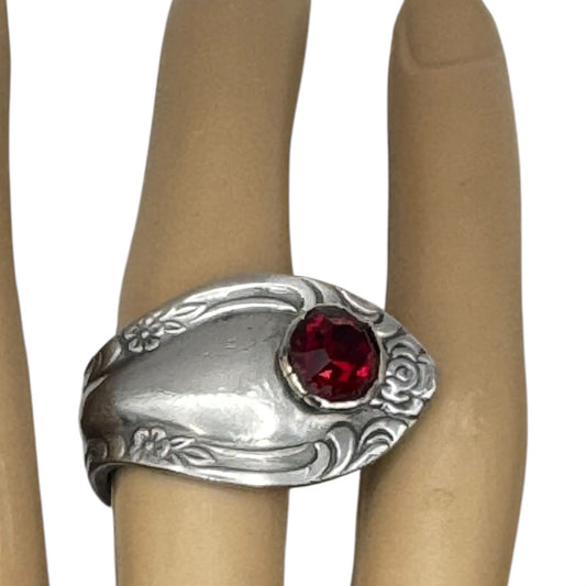 Antique Stainless Steel Rose Spoon Ring With Red Crystal Size 7.5