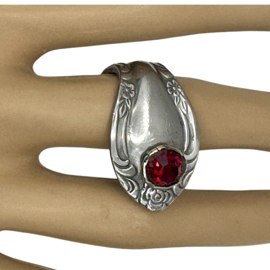Antique Stainless Steel Rose Spoon Ring With Red Crystal Size 7.5