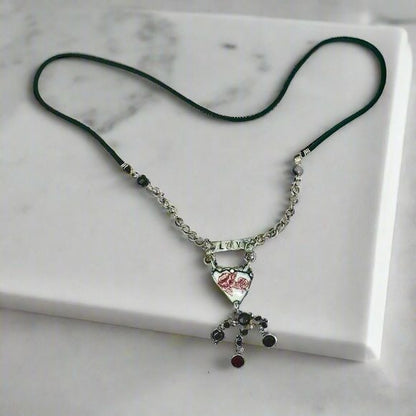 Broken China Heart Pendant W/ VNTG Garnet Tassel, Artisan Metalwork & Leather