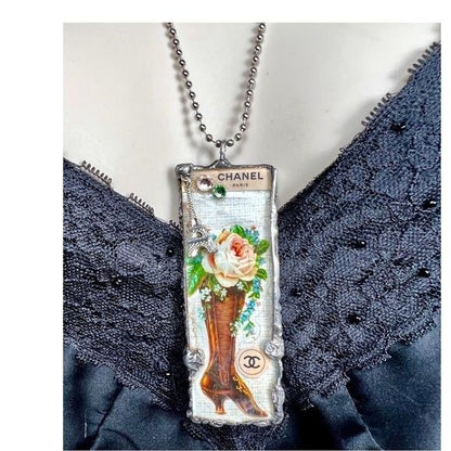 Tiny Glass Pendant Granny Bootie Mixed Media 3D Eiffel Tower & Swarovski Crystals