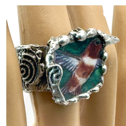 Lena Liu Hummingbird Broken China Ring Brutalist Cocktail Ring 6.5
