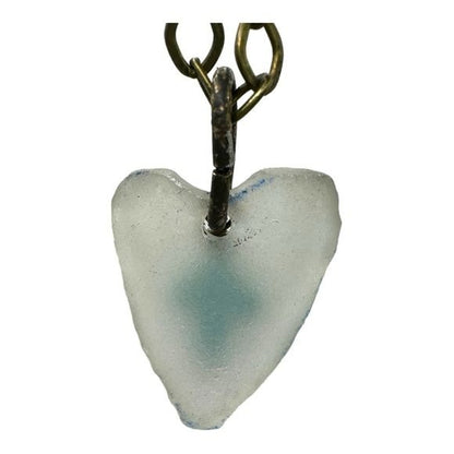 Concave Sea Glass Heart Pendant with Turquoise Cross Charm Artisan Crafted