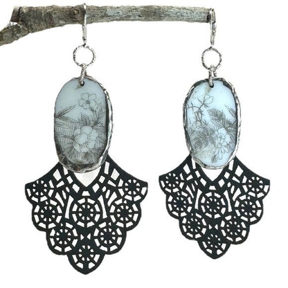 Broken China Filigree Earrings With Artisan Silverware