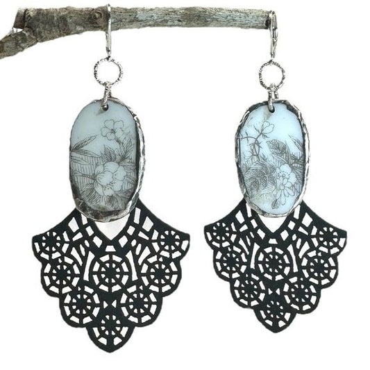 Broken China Filigree Earrings With Artisan Silverware