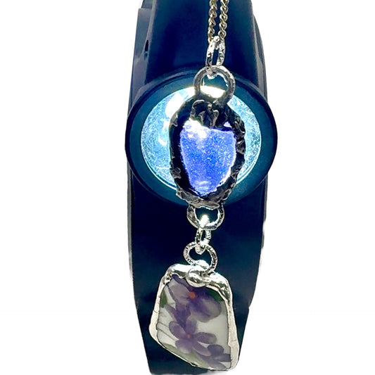 Broken China & Sea Glass Violets Pendant Caged with Silver-Blend
