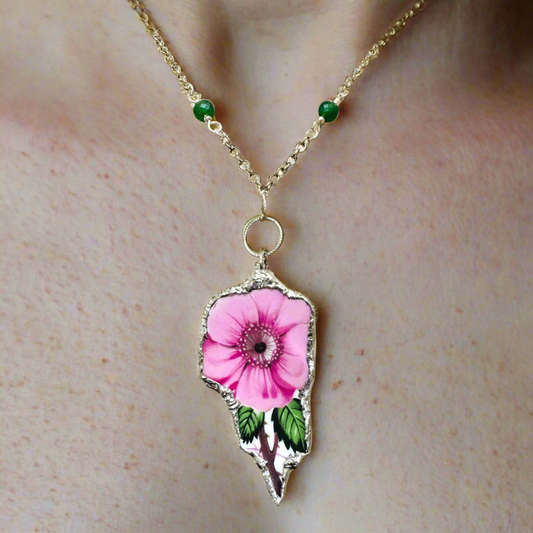Old Country Rose Broken China Pendant & Green Aventurine Beaded Necklace