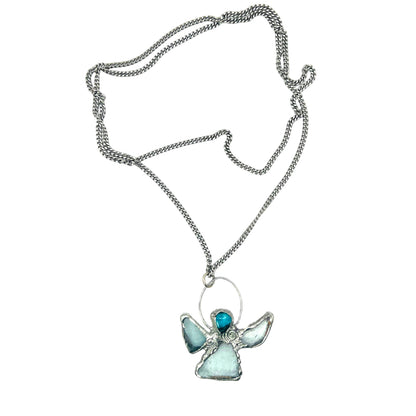 Sea Glass Angel Pendant Artisan Boho Metalwork Necklace