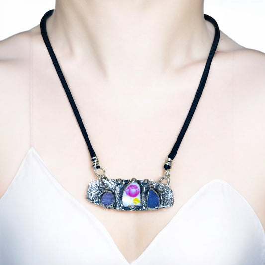 Artisan Boho Broken China & Glass Mixed Media Necklace With Silver Blend Pendant
