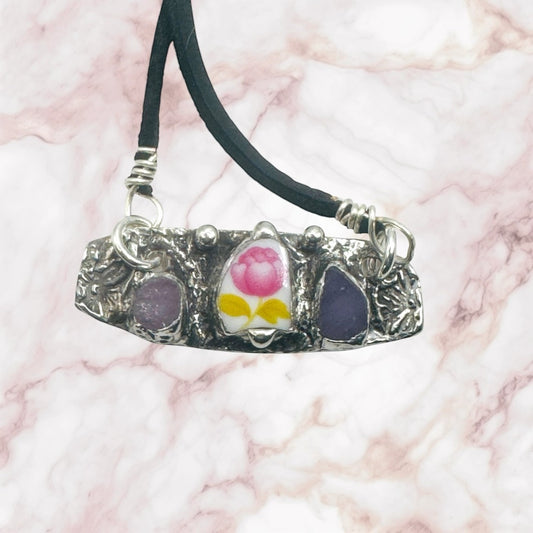 Artisan Boho Broken China & Glass Mixed Media Necklace With Silver Blend Pendant