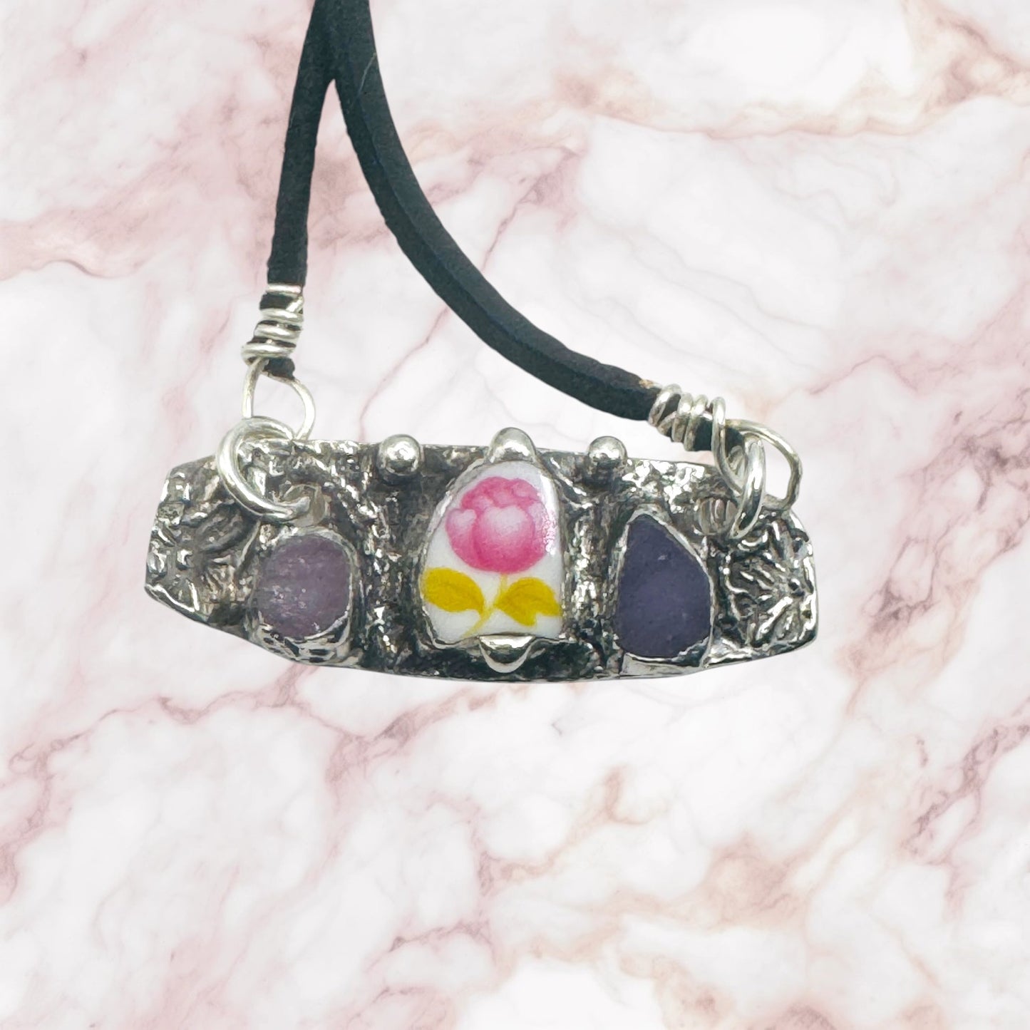 Artisan Boho Broken China & Glass Mixed Media Necklace With Silver Blend Pendant