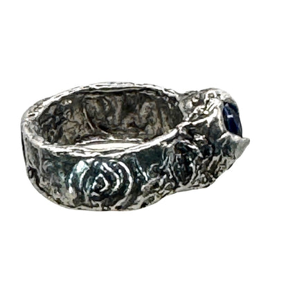 Brutalist Style Silver Blend Metalwork Ring With 10mm Cushion Blue Crystal Stone