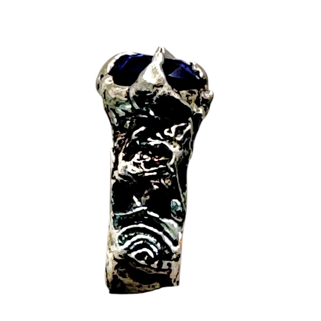 Brutalist Style Silver Blend Metalwork Ring With 10mm Cushion Blue Crystal Stone