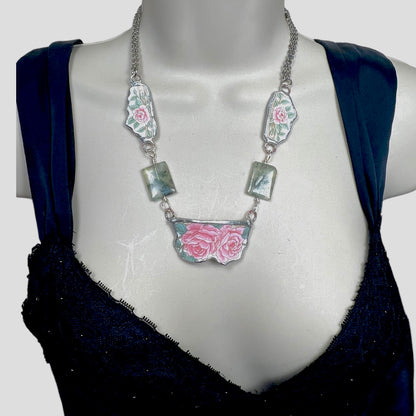 Hand Crafted Broken China Pendant  Antique Roses with  Prenhite Stones Necklace