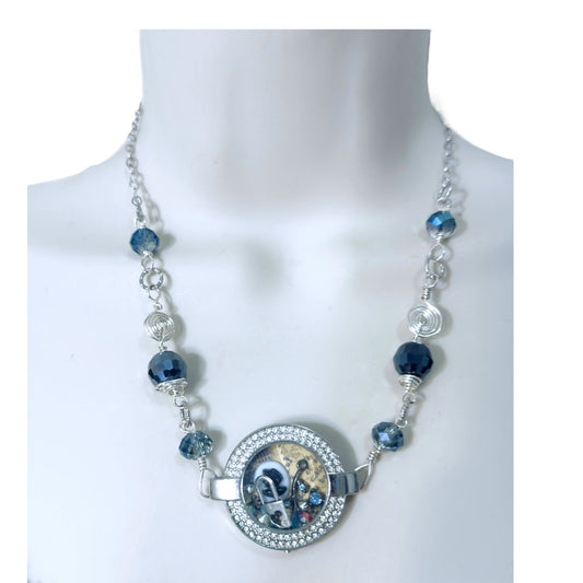 Floating Memory Pendant Reworked Watch Shell, Cameo & Swarovski Crystal Necklace