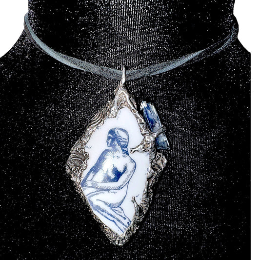 Mermaid Denmark Broken China & Blue Quartz Statement Pendant W/ Silver Blend Bezel