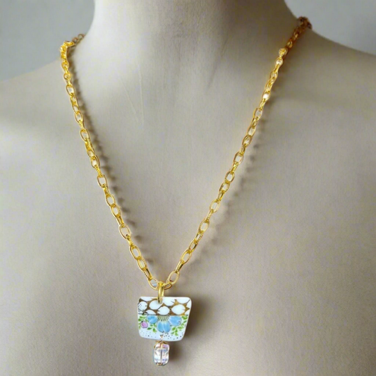 Broken China Pendant Necklace With Gold Tone Chain & Crystal Bead
