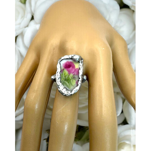 Antique Broken China Rose Ring Encased With Boho Silver Size 6.5