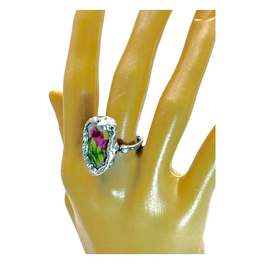 Antique Broken China Rose Ring Encased With Boho Silver Size 6.5