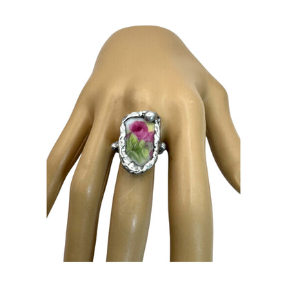 Antique Broken China Rose Ring Encased With Boho Silver Size 6.5