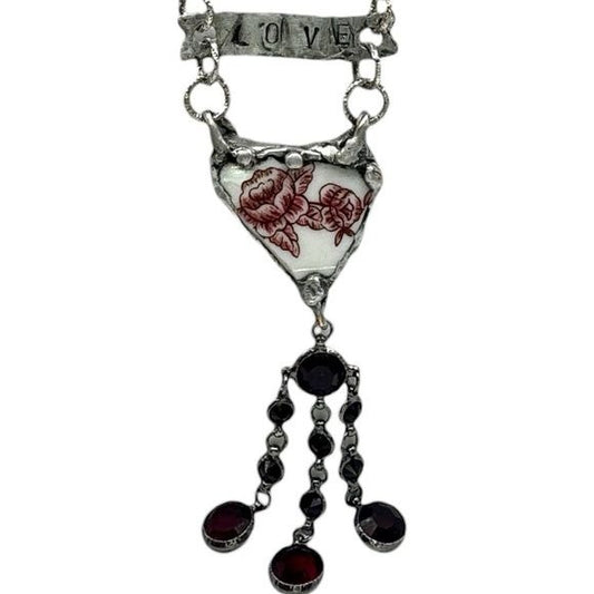Broken China Heart Pendant W/ VNTG Garnet Tassel, Artisan Metalwork & Leather